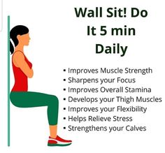 a woman sitting on a pole with the words wall sit do it's 5 min daily