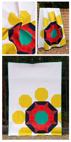 three different views of the same quilt, one with yellow and red circles on it