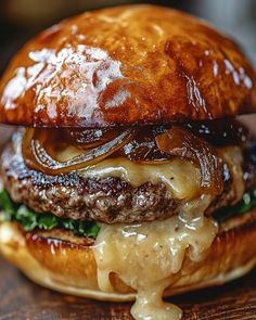 a cheeseburger with onion rings and onions on it's bun is sitting on a wooden table