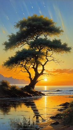 a painting of a tree on the beach at sunset with water reflecting off it's surface