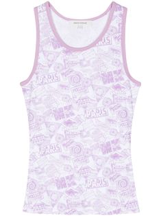 lilac purple/white cotton jersey texture all-over logo print contrasting trim scoop neck sleeveless straight hem Contrasting Trim, Purple Tank, Classy Dress Outfits, City Dress, Airport Fashion, Iconic Bags, Marine Serre, Purple Top, Lilac Purple