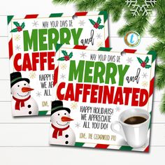 two christmas greeting cards with coffee and snowman on the front, one has a cup of coffee