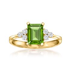 Ross-Simons - 1.70ct Peridot, .24ct t. w. Diamond Ring in 14kt Yellow Gold. Size 9. Liven up your look with this classic gemstone ring! Our vibrant statement features a 1.70 carat emerald-cut peridot sided by .24 ct. t. w. round brilliant-cut diamond trios. Finely crafted in polished 14kt yellow gold. 1/4" wide. Diamond and peridot ring. Diamond birthstones are the perfect gift for April birthdays. Peridot Birthstone Ring, Leo Ring, August Birthdays, Peridot Engagement Rings, Peridot Birthstone, Ring Inspo, August Birthday, Diamond Birthstone, Peridot Ring