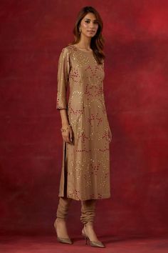 Beige chanderi silk woven kurta with contrasting floral placed sequin embroidery. Comes with churidar and tissue dupatta. - Aza Fashions Tissue Dupatta, Kurta Patterns, Kurta Set For Women, Sequin Embroidery, Sequins Embroidery, Churidar, Kurta Set, Set For Women, Aza Fashion