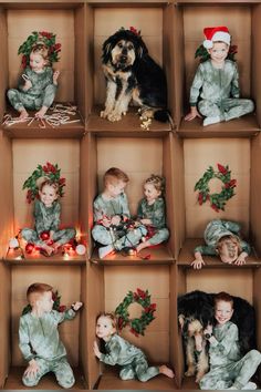 a group of children and a dog sitting in boxes with christmas wreaths on them