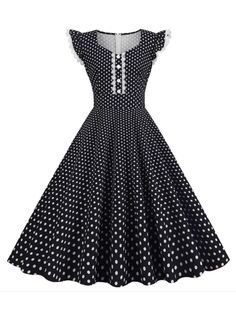 Black 1950s Polka Dots Ruffles Dress Vintage Style Dresses 1950s, Retro Stage, Vestidos Retro, Ruffles Dress, Kids Dress Wear, Dress Retro, Vintage Style Dresses, Line Dress, Retro Dress