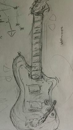 a drawing of an electric guitar on a sheet of paper with pen and ink in it