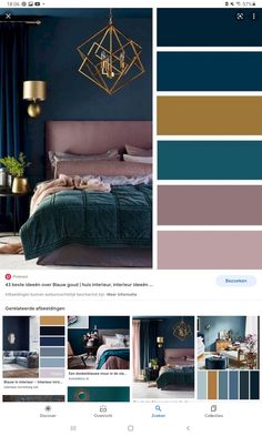 an image of a bedroom with blue walls and gold accents on the bed, in shades of teal