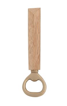 a wooden handle with a metal ring on the front and back of it, against a white background