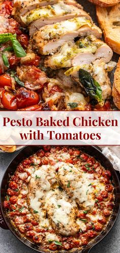 baked chicken with tomatoes and bread in a pan on a table next to the words pesto baked chicken with tomatoes and bread