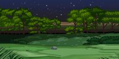 a night scene with trees, grass and rocks in the foreground is an empty pond