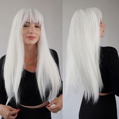 Length: 26 inches Healthy Fiber: This wig use Kanekalon fiber which is suitable for long term use and it is the best fiber material for wig.     Looks completely natural, silky and smooth like real human hair, touch soft, easy to comb, minimum shedding and tangling.     This white wig is crafted with straight, sleek strands that cascade down gracefully, providing a long and flowing appearance. Its bangs are carefully cut to frame the face elegantly, adding a touch of sophistication to any look. Silver Lace Front Wig, Elf Wig, Silver Lace Front, Silver Wig, Silver Wigs, White Wig, Healthy Fiber, Silver Lace, Real Human Hair