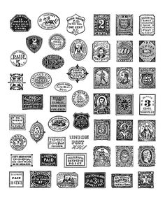 a bunch of different types of badges on a white background with black and white lettering