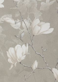 the wallpaper has white flowers on it and is grey with silver foiled leaves