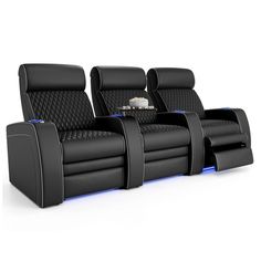 three black leather seats with blue piping on each seat and one in the middle