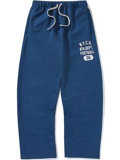 This is a comfortable and casual pants that are made out of high quality cotton and polyester fabric. With design detail of comfortable loose silhouette and elastic waistband with string, it gives a trendy and refined look.- Heavy weight terry fabric- Logo print detail- Elastic waistband with string- Loose silhouette Blue Cotton Athleisure Sweatpants, Sporty Navy Bottoms For Leisure, Navy Cotton Sweatpants With Pockets, Blue Straight Leg Pants With Letter Print, Blue Straight Sweatpants For Streetwear, Sporty Blue Cotton Pants, Blue Cotton Sweatpants With Drawstring, Blue Cotton Sweatpants With Elastic Waistband, Blue Cotton Tapered Leg Sweatpants