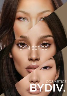 a woman's face is shown with the words skin set 08 cosmetic cosmetics by dv