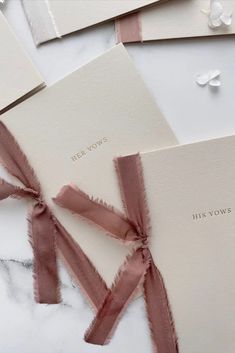 Two beige card stock vow books are shown on screen wrapped off with dusty rose ribbons and having his and her vows written in gold foil typeface. Sample Wedding Vows, Wedding Aesthetics, Beige Minimalist, Hand Dyed Silk Ribbon