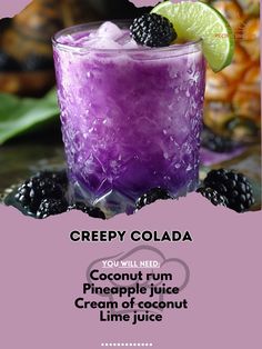 a purple drink with blackberries and lime on the rim is featured in this ad