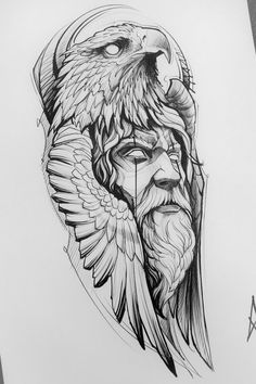 a drawing of an eagle with a man's face in the center and wings around it