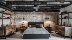 an industrial style bedroom with exposed brick walls and wooden furniture, including a large bed