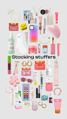 the words stocking stuff is surrounded by various items in pink, white and yellow