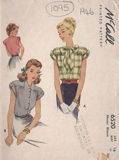 ~ Circa/Date: 1946 ~ Details:  Two style variation BLOUSE   ~ Size/Measurements (Inches):     ~ Size: 16     ~ BUST: 34″     ~ Waist:  28″     ~ Hip: 37″  ~ Please Note: ~ You are buying a 'Professional Reproduced' copy of this sewing pattern. Copied from the original sewing pattern. Produced in Full Scale Pattern Pieces ready to cut with full instructions included. Reproduced on high quality 50 gm paper with black ink, durable and easier for reuse. Printed by a Professional Printing Company.   ~ With this product comes an accompanying 'Booklet' and inside the Booklet it includes: ~ A 2-page Instructions and Illustrations on 'How to Adjust Your pattern to your Personal Measurement.' ~ Personal Measurement Chart ~ Body Form Illustrations ~ Fitting Checklist ~ Metric Equivalency Chart ~ Note 1940s Blouse, Vintage Clothes Patterns, Vintage Vogue Sewing Patterns, Patron Vintage, Vogue Vintage, Dress Couture, Sew In Weave, Vogue Knitting, Paris Vintage