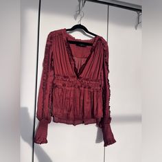 Fits Tts Never Worn Color Is A True Wine Red Light And Soft Satin Material Ruffle Shirt, Satin Material, Red Light, Wine Red, Light Red, Shirt Color, Colorful Shirts, Womens Tops, Satin