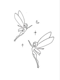 two fairy tinkerbells flying in the sky with stars and moon behind them