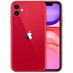 the red iphone 11 is next to an apple phone with its front camera facing forward