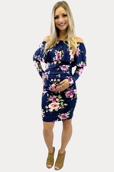 Maternity Dresses for the Cool Mom - Sexy Mama Maternity Elegant Fitted Maternity Dress With Floral Print, Elegant Floral Print Maternity Dresses, Floral Maternity Dress, Spring Nursing-friendly Fitted Maternity Dress, Fitted Maternity Dress With Floral Print And V-neck, Floral Maternity Dresses, Blue Floral Midi Dress, Spring V-neck Floral Print Maternity Dress, Wrap Front Dress