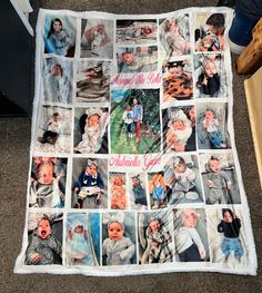 a blanket that has pictures of people and children on it, all in different colors