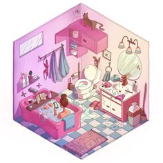 a drawing of a bathroom with pink walls and flooring, including a bed, sink, mirror, and other accessories