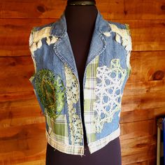 Up Cycled BOHO vest Festival Peace Ladies Vest, Vintage Doilies, Rummage Sale, Jean Jacket Vest, Boho Vest, Fabric Stores, Love And Peace, Vest Outfits, Beaded Trim