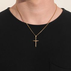 The strong symbol of sacrifice has long inspired the fashion world, earning the crucifix pendant a place in every style lover's collection. Crucifix Pendant Necklace made of 18k Gold Plated 316L stainless steel, high polished and shinny on both sides of cross. 316L Stainless Steel Pendant Gold Link Chain Included Crucifix Pendant Design Reinforced Lobster Clasp Water, Sweat and Heat Resistant Premium 316 L Stainless Steel Base No Discoloring or Tarnishing Hypoallergenic - No Green Skin Pendant S Spiritual Cross Necklace With Adjustable Chain, Adjustable Crucifix Chain Jewelry, Symbol Of Sacrifice, Strong Symbol, Green Skin, Gold Link Chain, Pendant Necklace Gold, Gold Link, Broken Chain