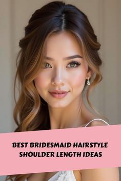 Best Bridesmaid Hairstyle Shoulder Length Ideas Prom Hairstyle Shoulder Length, Wedding Hairstyles Medium Hair Half Up, Half Up Dos For Bridesmaids, Wavy Styles For Medium Hair, Side Hairstyles For Medium Hair, Beach Wave Updo, Wedding Hair With Off The Shoulder Dress, Best Hairstyles For One Shoulder Dress, Wedding Hair Styles Bridesmaid