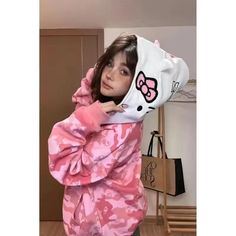 Color: Pink, Size: Xxl 65-75kg Hello Kitty Jacket, Hello Kitty Hoodie, Hello Kitty Y2k, Kitty Clothes, Hello Kitty Clothes, Camouflage Hoodie, Zippered Cardigan, Camo Designs, Y2k Hoodie