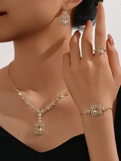 5pcs 18K Gold Plated Bridal Wedding Jewelry Set, Including Necklace, Earrings, Bracelet, Ring, Inlaid With White Cubic Zirconia, Suitable For Nigerian, Dubai, Saudi Arabian Brides, Daily Wear, Wedding, Anniversary, Christmas Gift For Women Gold,Gold-green Main Stone,Gold-red Main Stone,White Gold-white Gemstone    Copper     Women Fashion Jewelry, size features are:Bust: ,Length: ,Sleeve Length: Arabian Jewelry, Women's Jewelry Sets, Bracelet Ring, Wedding Bridal Jewellery, Watches Women Fashion, Stone Gold, Christmas Gifts For Women, Wedding Jewelry Sets, Gold Gold