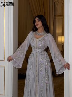 Moroccan A-line Wedding Dresses Party Kaftan Shiny Sequins Dress Luxury Appliques V-neck Plus Size Moroccan Wedding Dress, Plus Size Gown, Moroccan Kaftan Dress, Arabian Dress, Dress Luxury, Desi Fashion Casual, Pakistani Fancy Dresses, Sequins Dress, Moroccan Dress