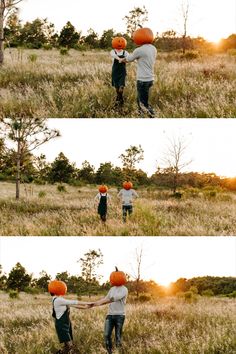 two people with orange hats on their heads are walking through the grass and holding hands