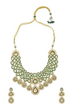 14kt gold plated green necklace made with semi-precious kundan stone embellishments. Comes with a matching pair of earrings. - Aza Fashions Studded Necklace, Jewellery Sets, Green Necklace, 14kt Gold, Aza Fashion, Necklace Set, Jewelry Sets, Semi Precious, Embellishments