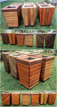 several different types of wooden planters sitting in the grass