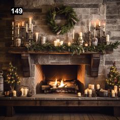 a fireplace decorated with candles and wreaths