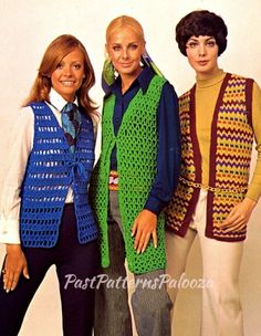 "Offering a vintage PDF crochet pattern collection to make three fun and funky 1970s era vests - one to knit and two to crochet! Instructs for 3 sizes for each -  Small ( 8 to 10), Medium (12 to 14) and Large ( 16). Offers complete instructions to make three groovy designs, including: \"The\" Vest  to crochet ( left on photo) Way Out Vest to crochet - (middle in photo) Art Deco Vest to knit - (last in photo). Instructs on materials, hooks, gauge and stitches needed ( as seen listed in 3rd photo) Womens Vest Pattern, 70s Mode, Gilet Crochet, Three Women, Fashion Crochet, Stil Boho, Vintage Memory, Vest Pattern, Crochet Vest