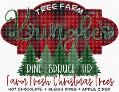 a red plaid christmas tree farm sign