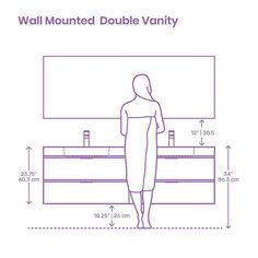 a woman standing in front of a wall mounted double vanity with the measurements for it