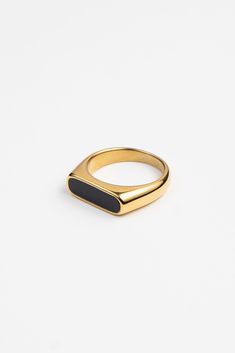 PRODUCT DETAILS Waterproof💧💧💧 Stainless Steel 18K Gold Hypoallergenic Nickel Free DESIGNER NOTE Introducing the black stone version of one of our favorites. This classic color combination is sure to match any outfit for any occasion. STYLE TIP: Stack this ring with the Chain Ring for a sophisticated look. Classic Black Signet Ring With Polished Edges, Minimalist Stainless Steel Signet Ring For Formal Occasions, Minimalist Onyx Signet Ring For Formal Events, Minimalist Onyx Signet Ring For Formal Occasions, Everyday Black Signet Ring With Polished Finish, Elegant Black Signet Ring For Everyday, Elegant Black Everyday Signet Ring, Classic Black Jewelry For Everyday, Classic Black Rings With Polished Edges