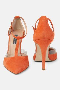 Danilo di Lea by Roselina SHOES Arancia Orange T-Strap Suede Pointed Heels Orange Shoes Heels, Shoes List, Pvc Trim, Stylish Heels, T Strap Heels, Orange Shoes, Pointed Heels, Suede Pumps, Retro Vibe