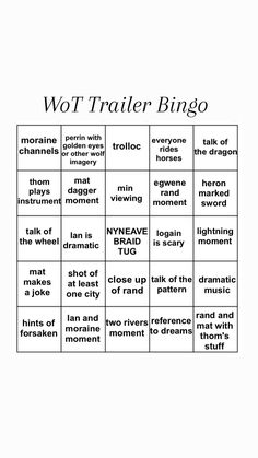 a game board with words on it that say,'wot trailer bingo '