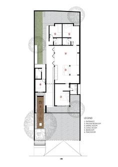 the floor plan for this modern home is shown in black and white, with red dots on